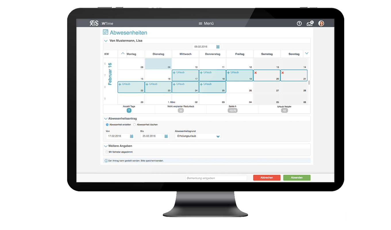 Abwesenheiten beantragen mit der Zeitwirtschaftssoftware .secure.WTime