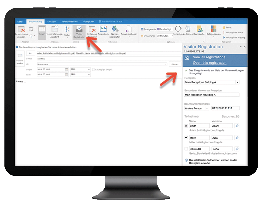 Das Outlook Add-In zur Besucherverwaltung Das Outlook Add-In zur Besucherverwaltung öffnet sich per Klick auf den entsprechenden Button in der Ribbon Bar.