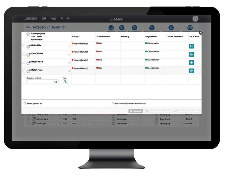 Der Anmeldedialog von .secure.VISIT Die Informationen zum Ereignis werden oben rechts angezeigt, darunter sind die vorangemel-deten Teilnehmer zu sehen. Es besteht ebenso die Möglichkeit, weitere Teilnehmer hinzuzufügen. In diesem Beispiel sind zwei Akti-onen möglich: Die Ausgabe eines Ausweises so wie die Erfassung einer Unterweisung.